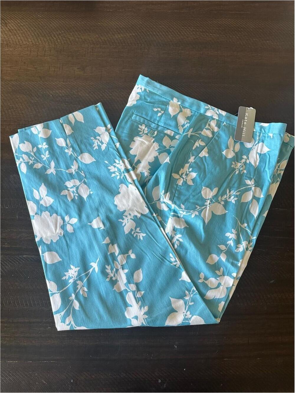 NWT Kate Hill Casual Aqua Floral Wide Leg Pants Size 12